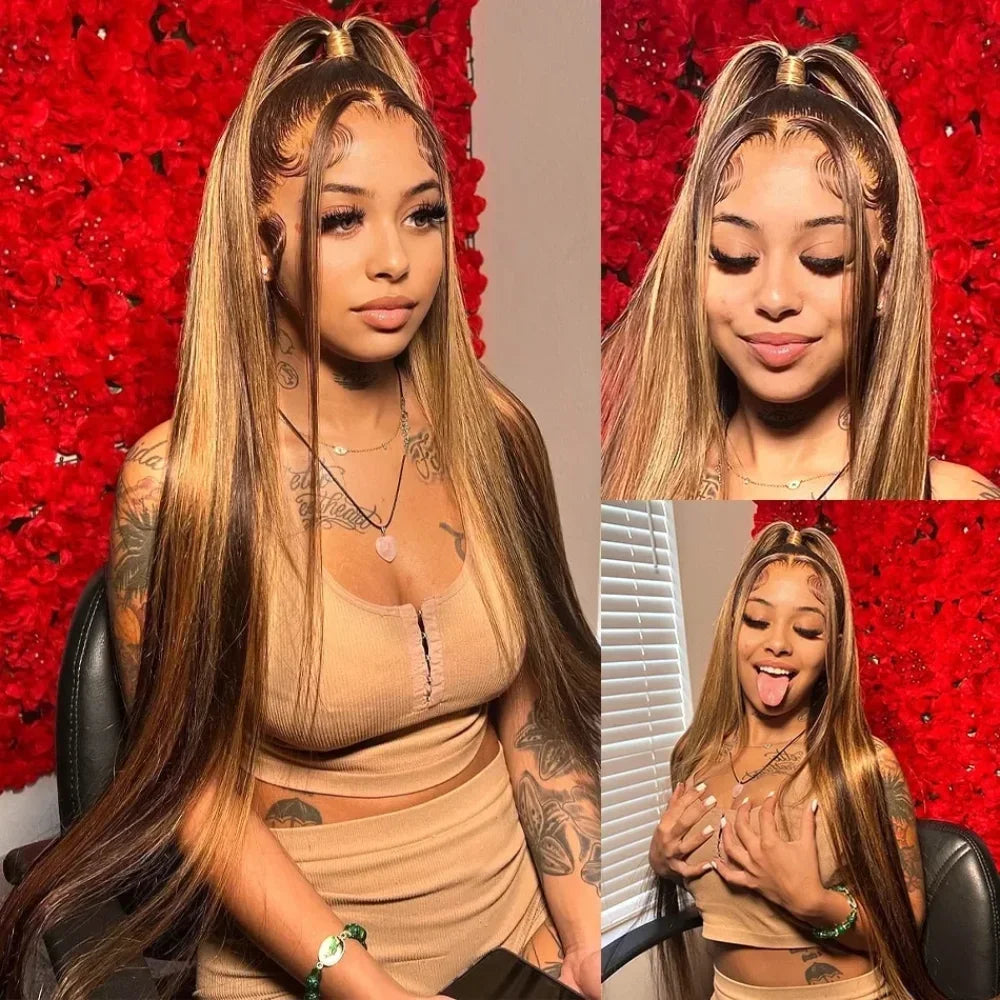 P4/27 Highlight Straight HD Lace Frontal Wig – Pre-Plucked 13x4 & 13x6, 200%