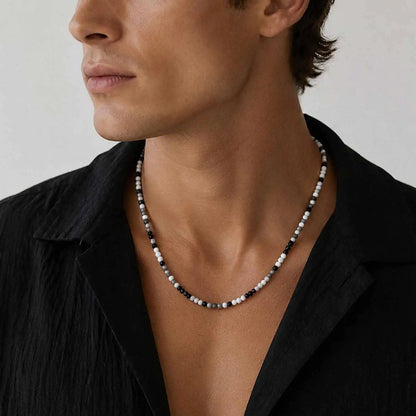 Vnox 41-48cm Adjustable Black White Crystal Beaded Choker Necklace for Men Women, Trendy Minimalist Clavicle Chain Jewelry Gift
