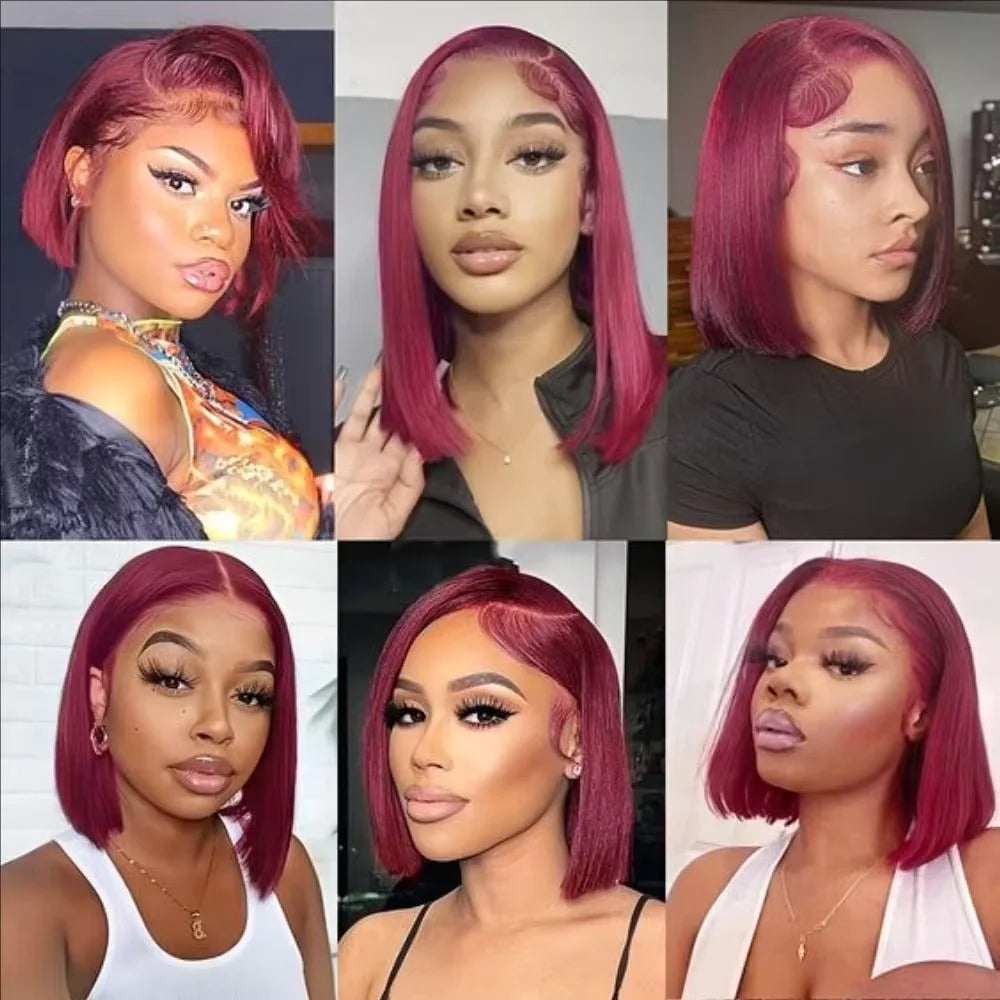 99J Burgundy Straight Bob Wig – Pre-Plucked 13x4 Transparent Lace, 200% Density