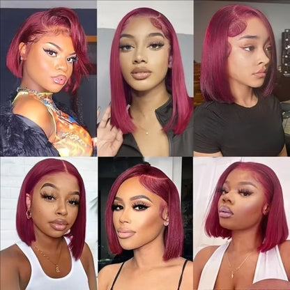 99J Burgundy Straight Bob Wig – Pre-Plucked 13x4 Transparent Lace, 200% Density