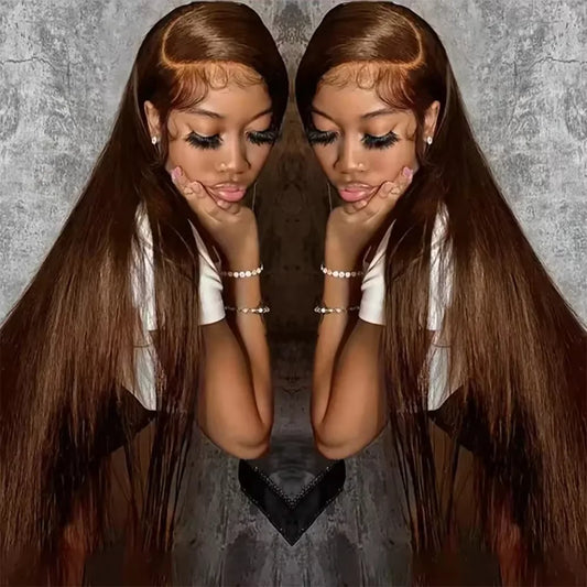 Bone Straight 13x6 Lace Frontal Wig – #4 Chocolate Brown HD, 220% Density 18–46 Inch