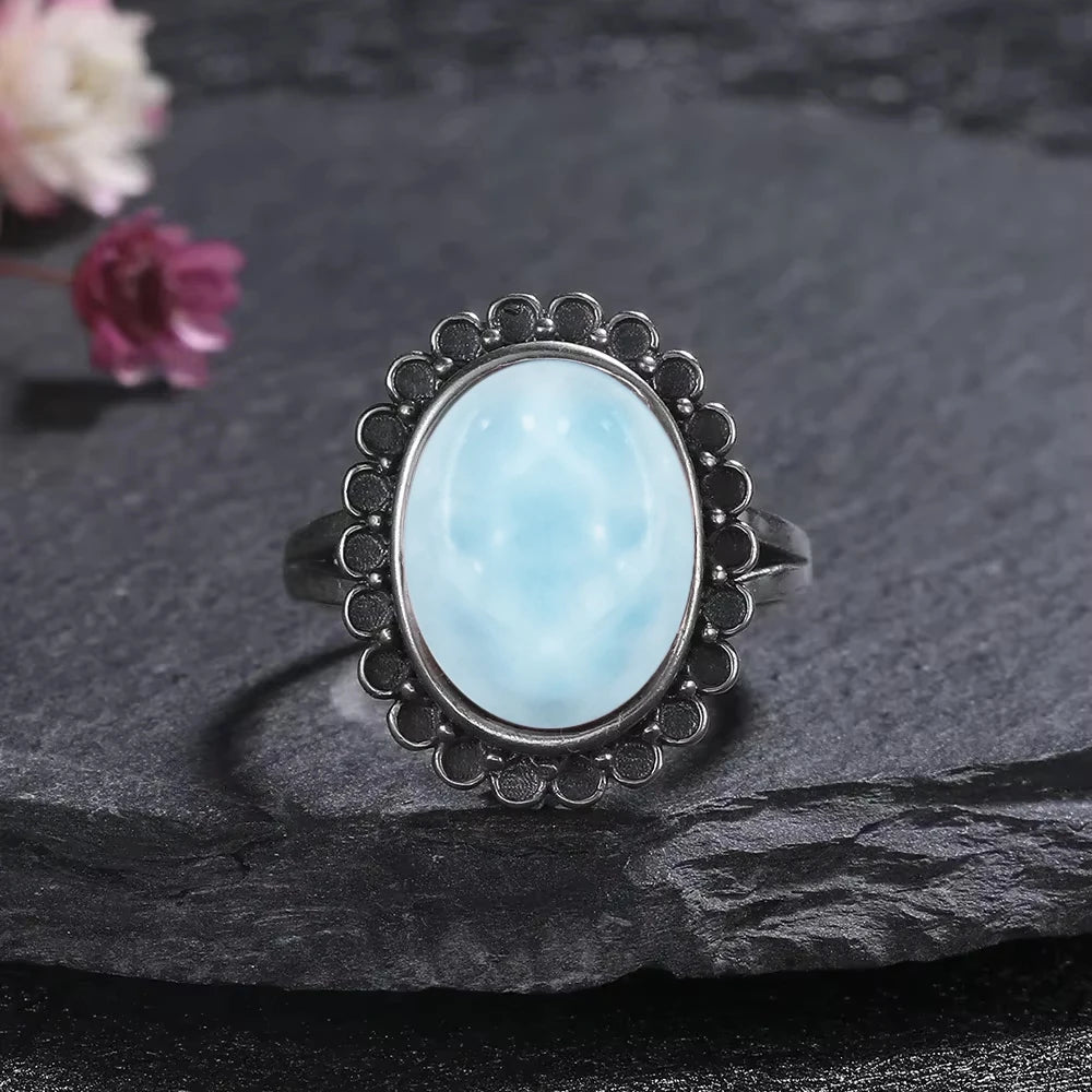 Vintage 925 Silver Natural Larimar Stone Ring Round Flower Shape Sky Blue Sea Water Ring Fine Jewelry Ring Gift For Women Men
