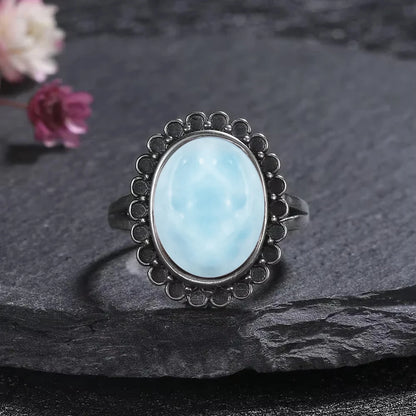 Vintage 925 Silver Natural Larimar Stone Ring Round Flower Shape Sky Blue Sea Water Ring Fine Jewelry Ring Gift For Women Men