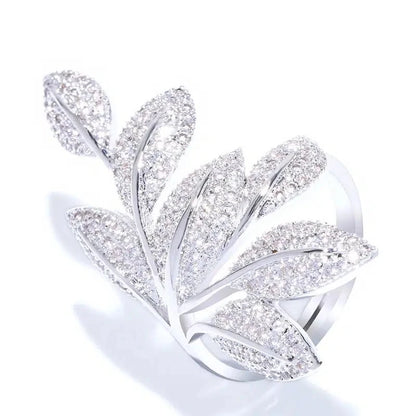 Huitan Bling Bling Leaf Finger Ring for Women Full Paved Sparkling Cubic Zirconia Crystal Rings Wedding Luxury Fashion Jewelry