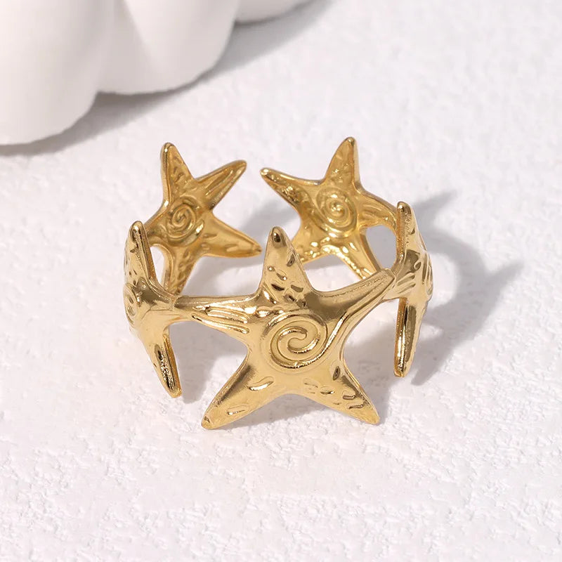 Bohemian Stainless Steel Ring Woman Vintage Jewelry Starfish Heart-Shaped Geometry Adjustable Open Rings Prom Accessories Gift