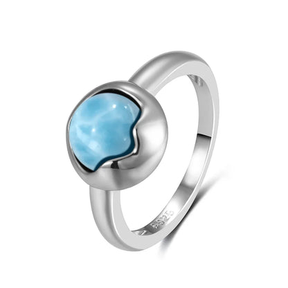 Vintage 925 Silver Natural Larimar Stone Ring Round Flower Shape Sky Blue Sea Water Ring Fine Jewelry Ring Gift For Women Men