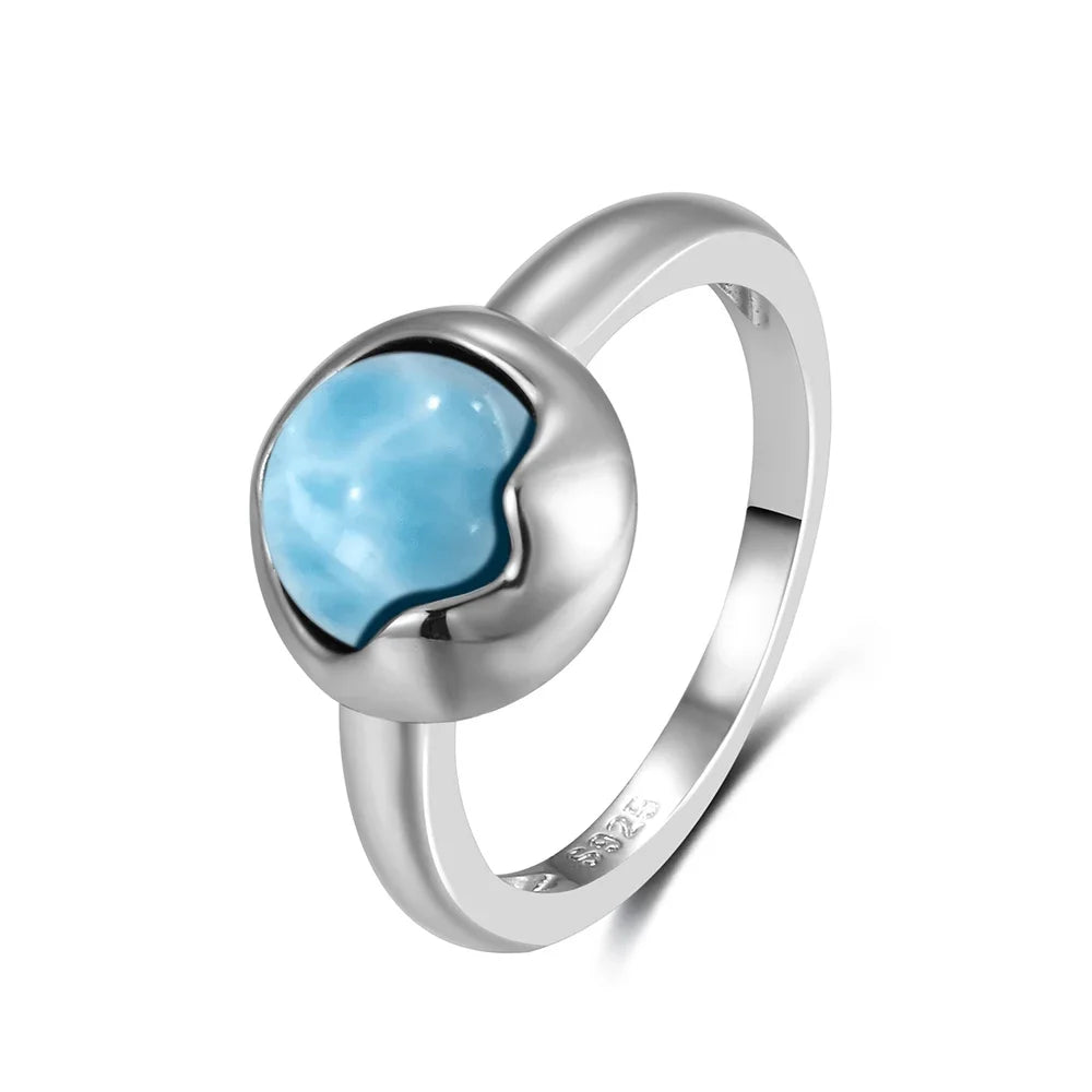 Vintage 925 Silver Natural Larimar Stone Ring Round Flower Shape Sky Blue Sea Water Ring Fine Jewelry Ring Gift For Women Men