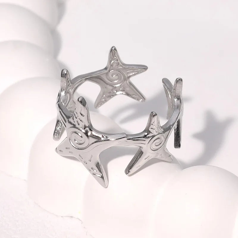 Bohemian Stainless Steel Ring Woman Vintage Jewelry Starfish Heart-Shaped Geometry Adjustable Open Rings Prom Accessories Gift