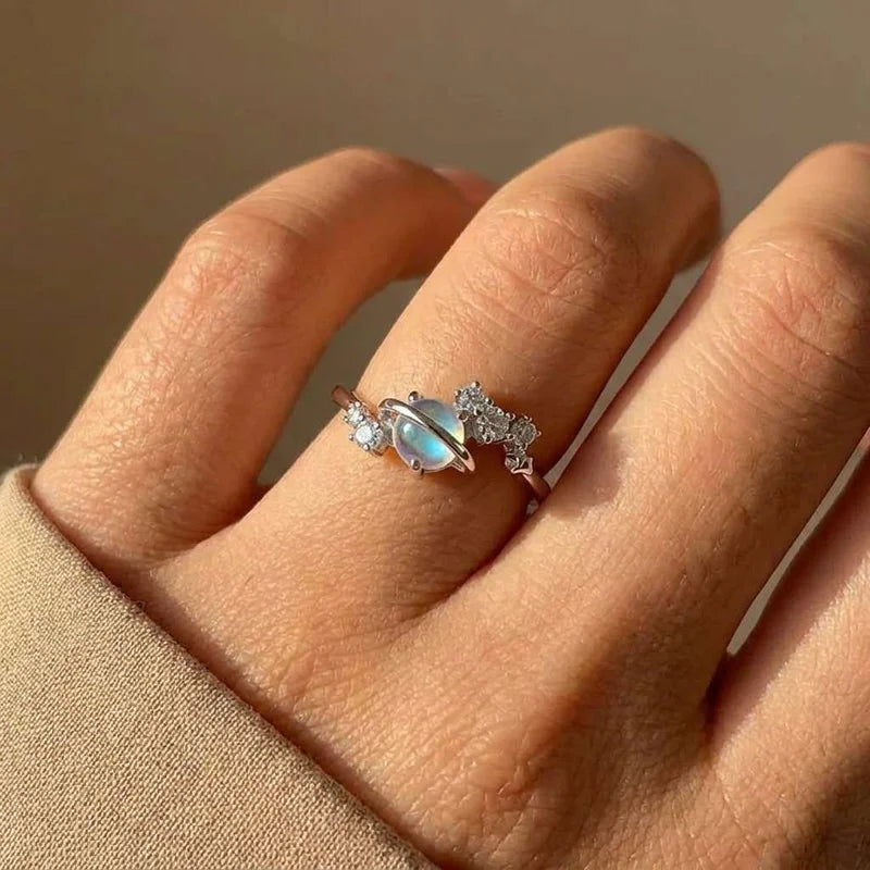 925 Sterling Silver Novel Imitation Moonstone Rings for Women Exquisite Planet Design Wear Rings Trendy Party Hot Sale Jewelry