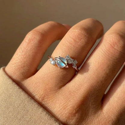 925 Sterling Silver Novel Imitation Moonstone Rings for Women Exquisite Planet Design Wear Rings Trendy Party Hot Sale Jewelry