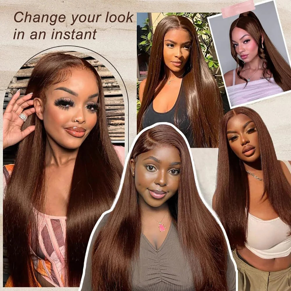 Chocolate Brown Straight 13x6 HD Lace Frontal Wig – Pre-Plucked 46 Inch, 13x4 Transparent