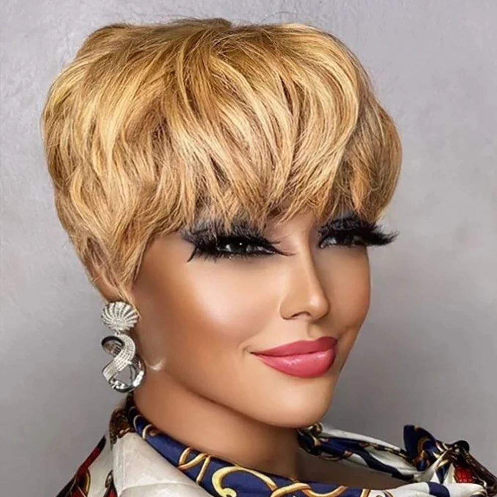 Brown Short Pixie Cut Wig – Human Hair with Bangs, Machine Made for Black Women