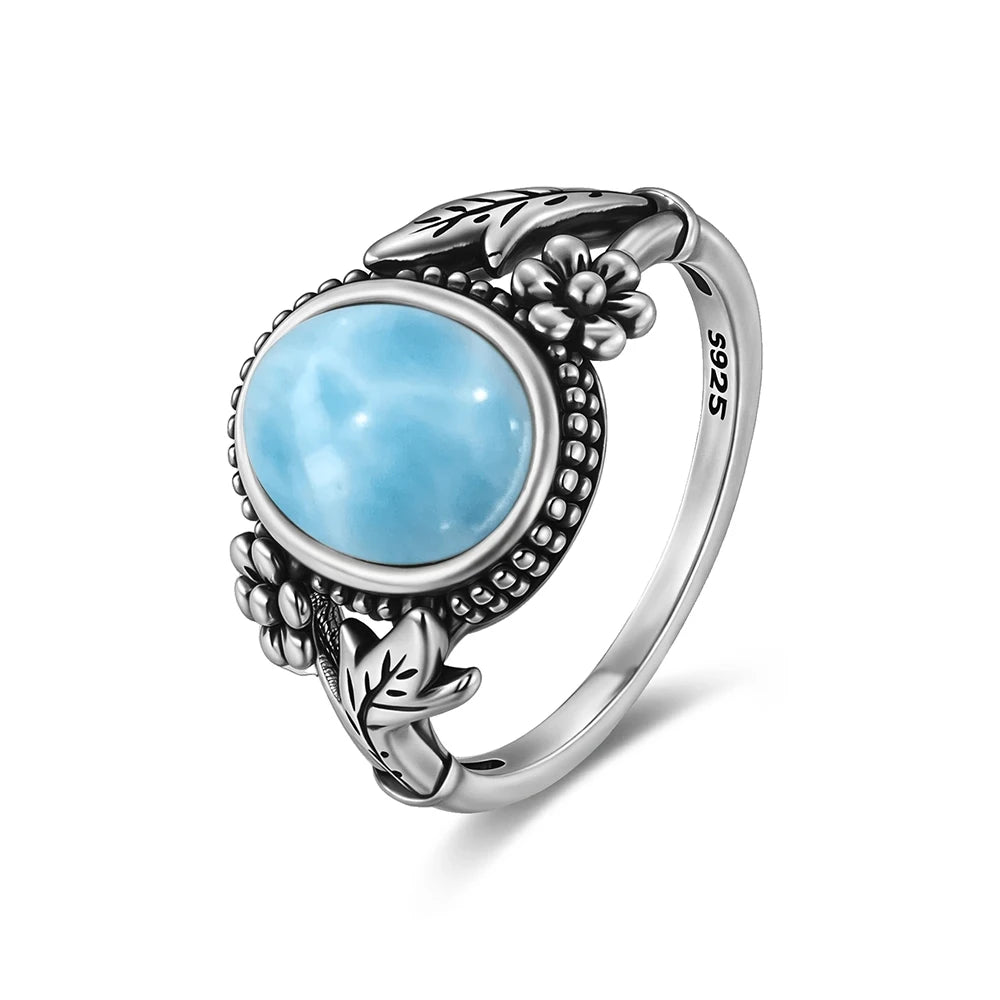 Vintage 925 Silver Natural Larimar Stone Ring Round Flower Shape Sky Blue Sea Water Ring Fine Jewelry Ring Gift For Women Men