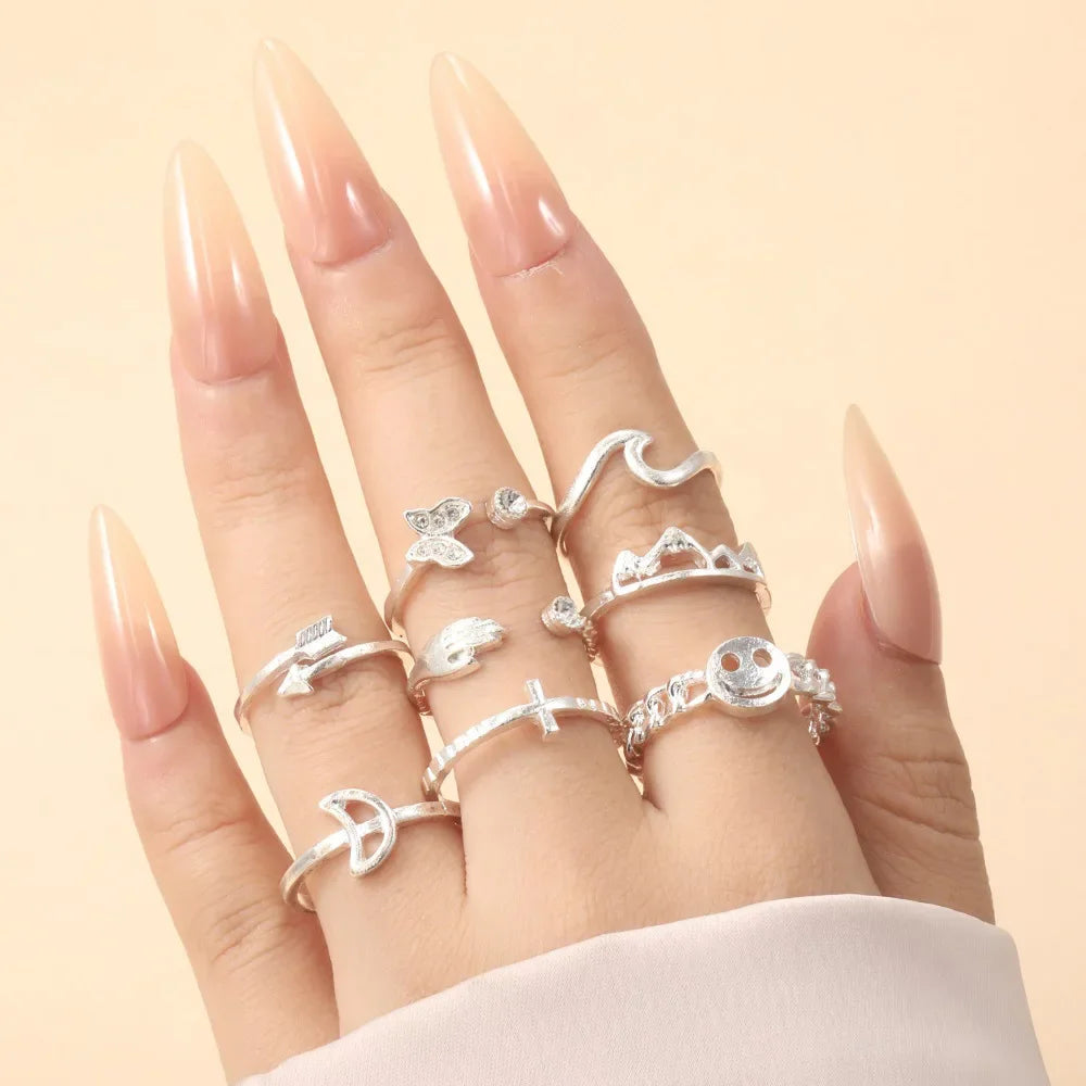 LATS 8pcs Irregular Red Crystal Heart Aesthetic Rings for Women Y2K Gothic Butterfly Spider Ring Creative Jewelry Accessories