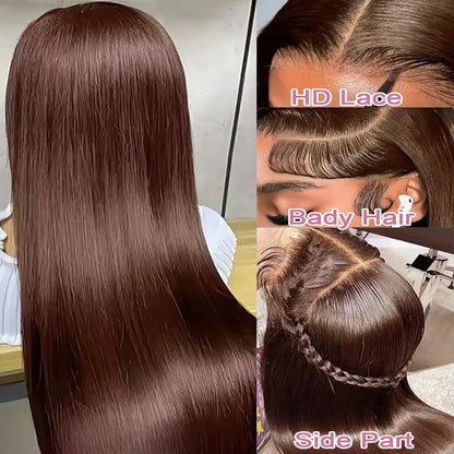 Bone Straight 13x6 Lace Frontal Wig – #4 Chocolate Brown HD, 220% Density 18–46 Inch