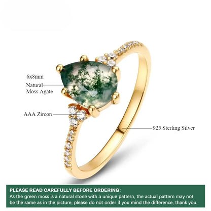 ALLNOEL Natural 6*8mm Green Moss Agate 925 Sterling Silver Rings For Women Water Drop Gemstone Engagement Gifts Healing Jewelry