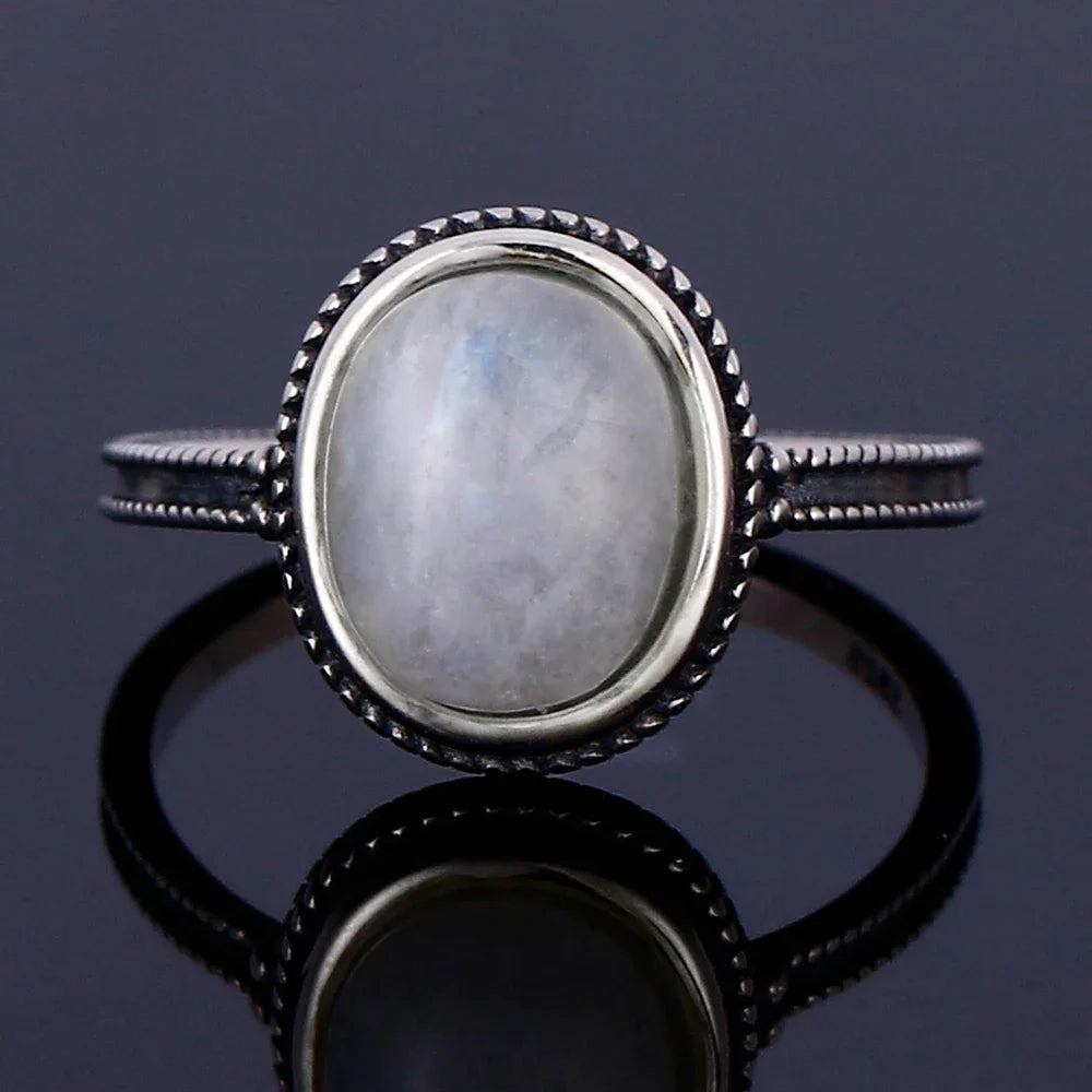 Round Oval Big Natural Moonstones Rings Women's Silver Plated Rings Gifts Vintage Fine Jewelry