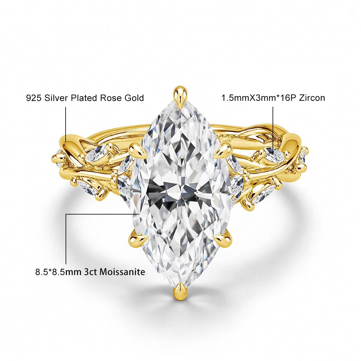 Real 14K Gold Filled Moissanite Wedding Ring 3CT Marquise Cut GRA Diamond Nature-Inspired Au585 Engagement Ring for Women