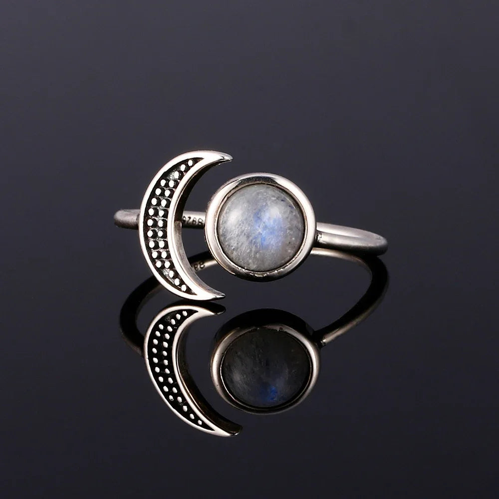 Round Oval Big Natural Moonstones Rings Women's Silver Plated Rings Gifts Vintage Fine Jewelry