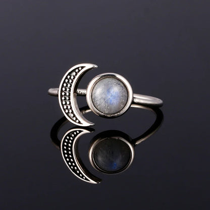 Round Oval Big Natural Moonstones Rings Women's Silver Plated Rings Gifts Vintage Fine Jewelry
