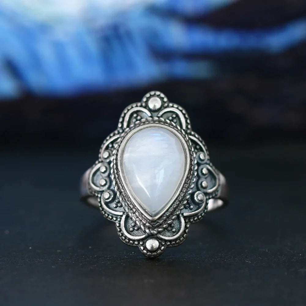 Round Oval Big Natural Moonstones Rings Women's Silver Plated Rings Gifts Vintage Fine Jewelry