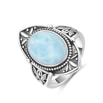 Vintage 925 Silver Natural Larimar Stone Ring Round Flower Shape Sky Blue Sea Water Ring Fine Jewelry Ring Gift For Women Men