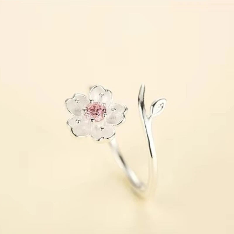 New Arrivals 925 Sterling Silver  Rings for Women Adjustable Size Ring pink zircon cherry blossom Ring