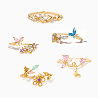 100 styles 14K Gold Plated Color Zircon Flower Crown Bow Open Ring Women Adjustable Stackable Finger Rings Wedding Jewelry Gift