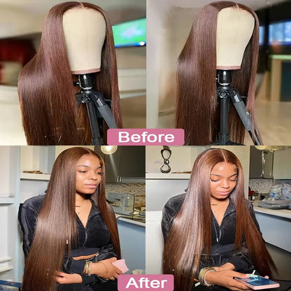 Bone Straight 13x6 Lace Frontal Wig – #4 Chocolate Brown HD, 220% Density 18–46 Inch