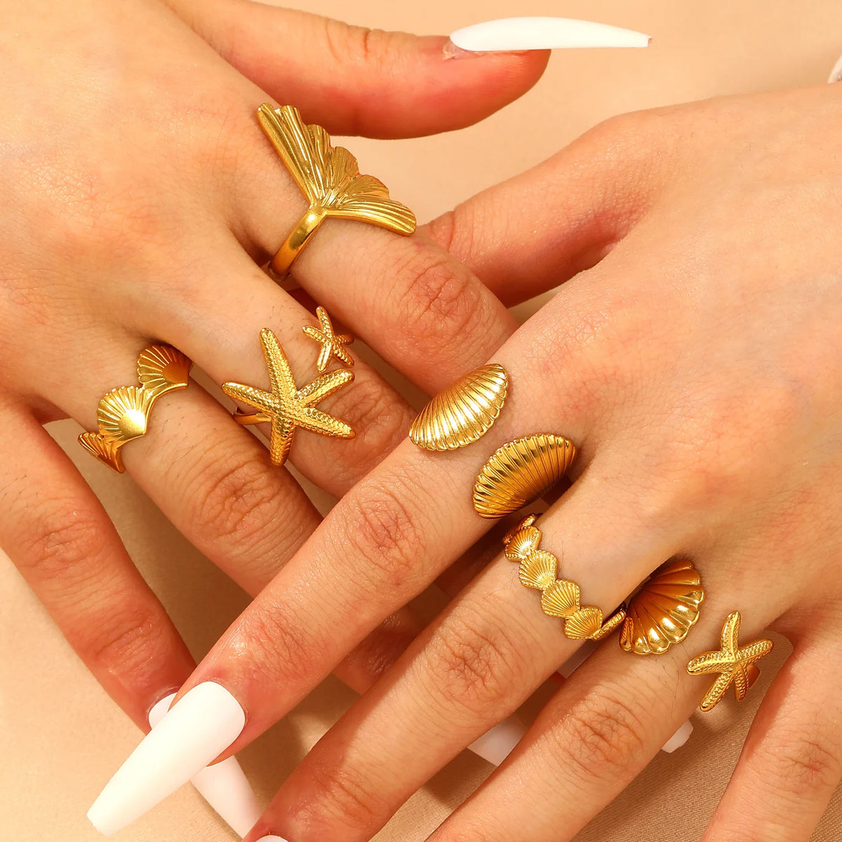 MHS.SUN Ocean Style Stainless Steel Starfish Shell Rings For Women Men Vintage Gold Plated Open Ring Summer Beach Jewelry