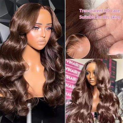 Chocolate Brown Body Wave Transparent Lace Front Wig – Pre-Plucked 13x4, 13x6, 4x4 & 5x5
