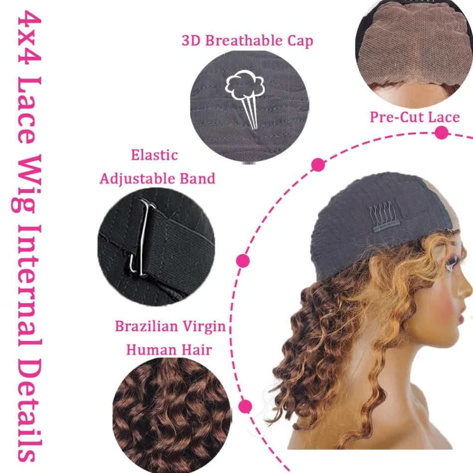 P4/27 Highlight Ombre Curly Bob Wig – 5x5 HD Lace Closure Glueless Deep Wave