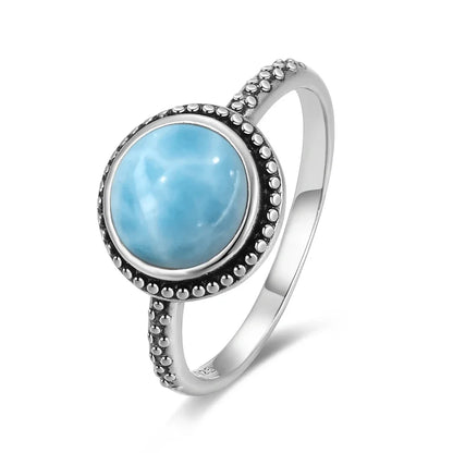 Vintage 925 Silver Natural Larimar Stone Ring Round Flower Shape Sky Blue Sea Water Ring Fine Jewelry Ring Gift For Women Men