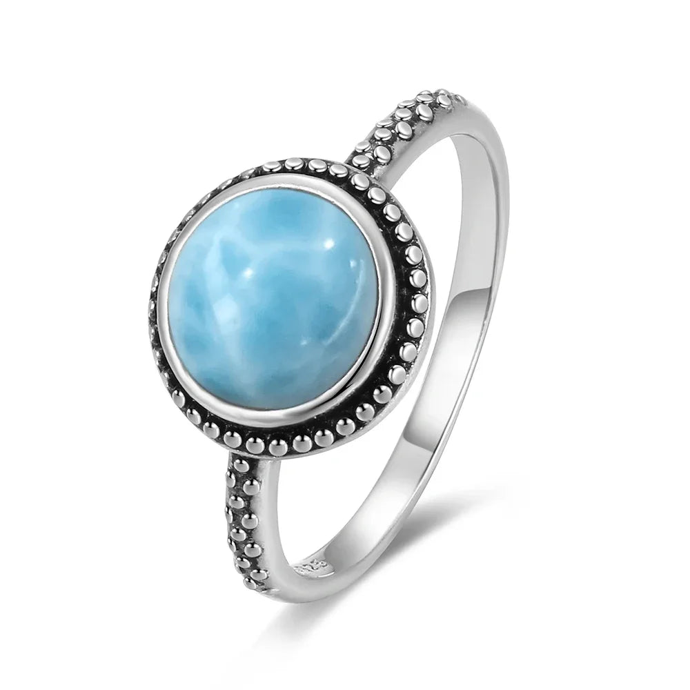 Vintage 925 Silver Natural Larimar Stone Ring Round Flower Shape Sky Blue Sea Water Ring Fine Jewelry Ring Gift For Women Men