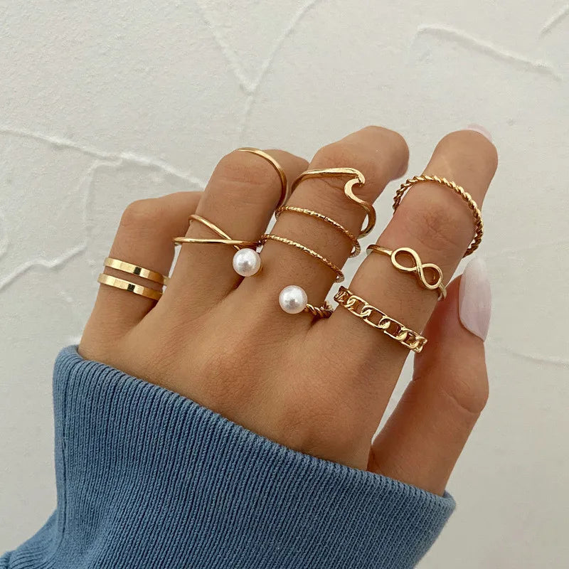 Boho Gold Color Cross Wide Rings Set For Women Girls Simple Chain Finger Tail Rings 2022 NEW Bijoux Jewelry Gifts Ring Female