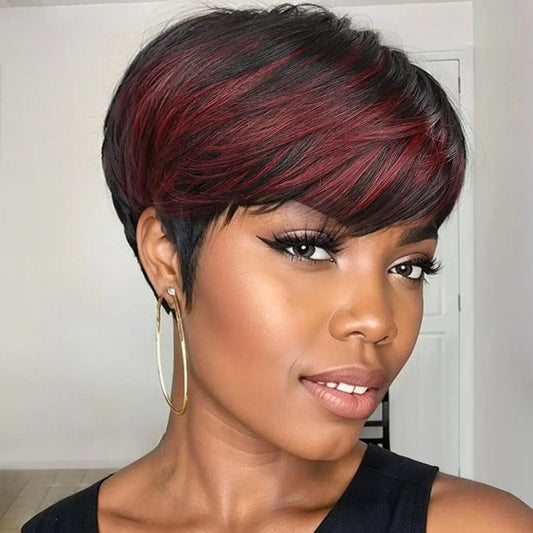 Ombre Red Pixie Cut Synthetic Wig with Bangs – Short Wig for Black Women