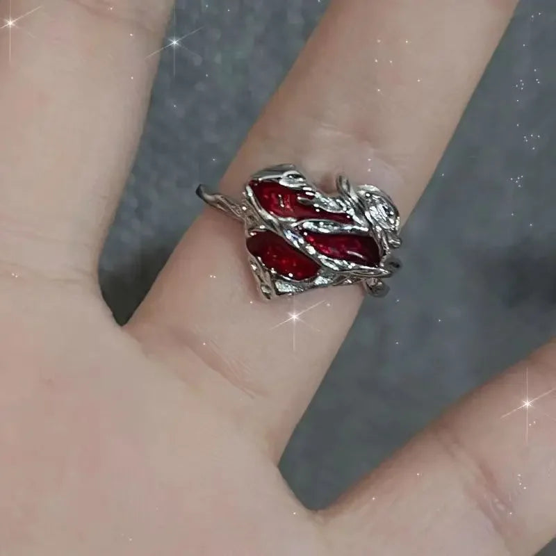 LATS 8pcs Irregular Red Crystal Heart Aesthetic Rings for Women Y2K Gothic Butterfly Spider Ring Creative Jewelry Accessories