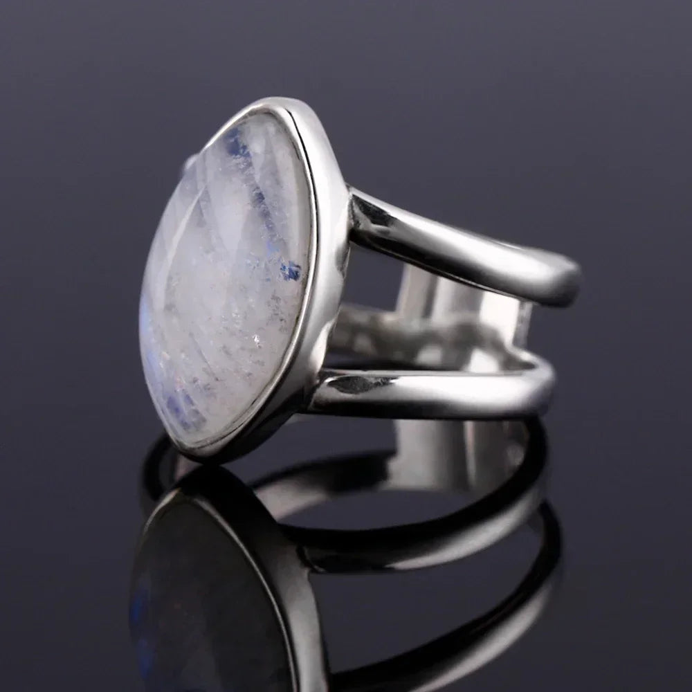 Round Oval Big Natural Moonstones Rings Women's Silver Plated Rings Gifts Vintage Fine Jewelry