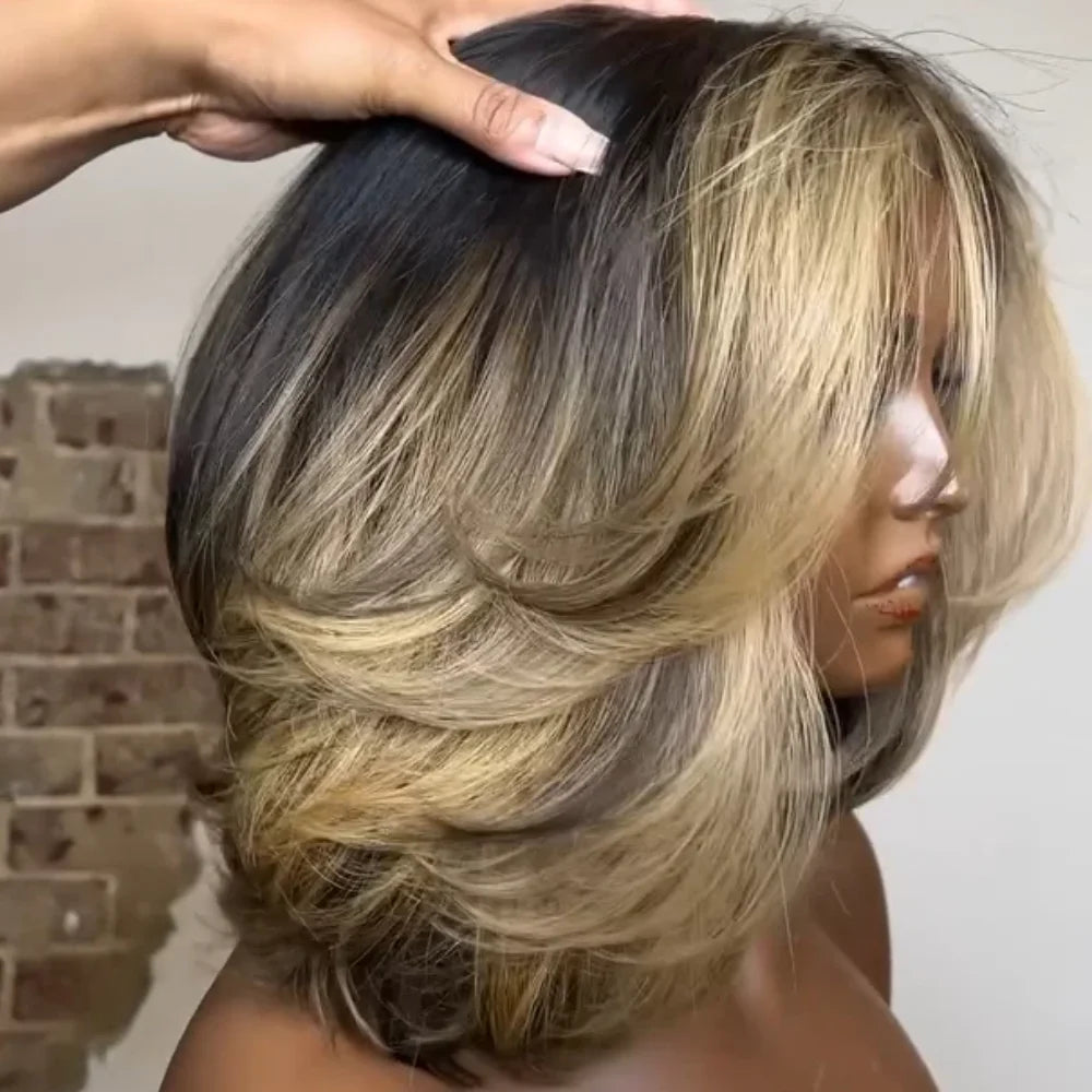Brown Blonde Highlight Bob Wig – 5x5 HD Closure Balayage, 200% Density Pre-Plucked