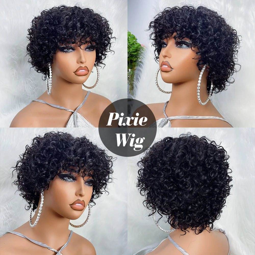 Pixie Cut Curly Bob Wig with Bangs – Glueless Human Hair for Black Women, Afro Rose Curl