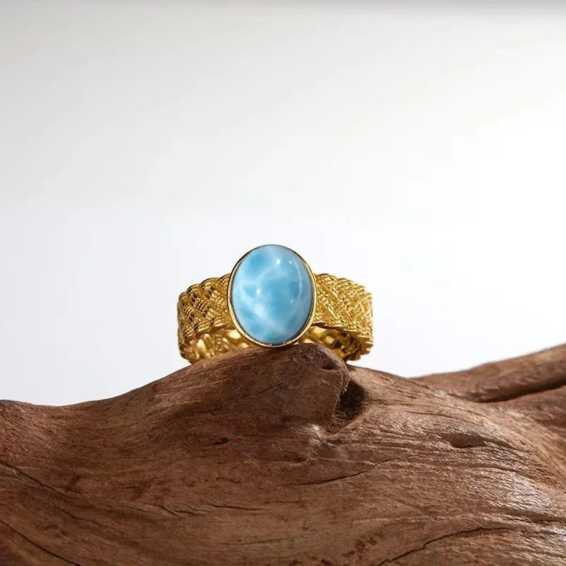 Vintage 925 Silver Natural Larimar Stone Ring Round Flower Shape Sky Blue Sea Water Ring Fine Jewelry Ring Gift For Women Men