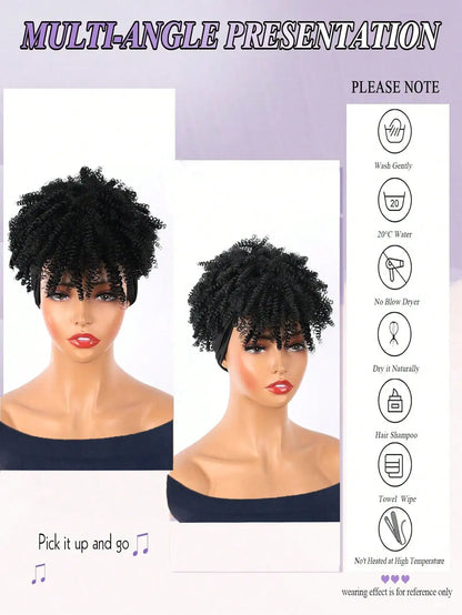 Afro Kinky Curly Headband Wig – Dark Brown Synthetic Wrap Wig with Bangs, 2-in-1