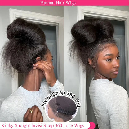 Kinky Straight Invisible Strap 360 HD Full Lace Wig – Glueless Drawstring, 220% Density