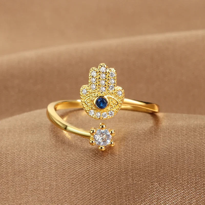 YILUOCD Hamsa Fatima's Hand Open Rings Turkish Blue Cubic Zircon Evil Eye Ring Protection Amulet Islamic Jewish Jewelry