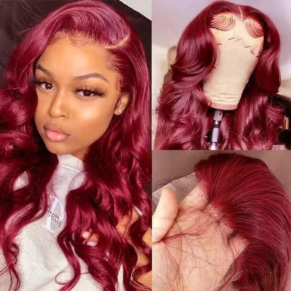 99J Burgundy 13x6 Lace Front Wig – Body Wave 200% Density, 30–36 Inch Red Colored