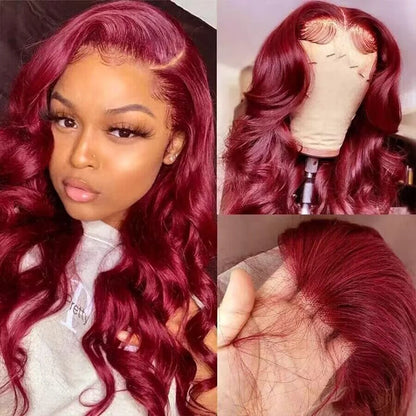 99J Burgundy 13x6 Lace Front Wig – Body Wave 200% Density, 30–36 Inch Red Colored