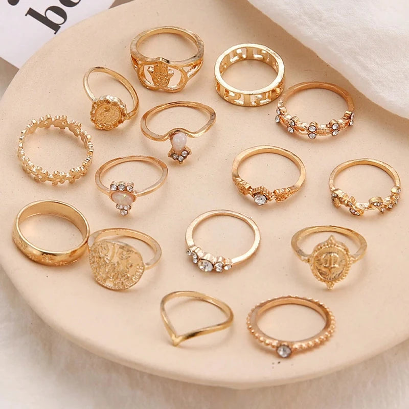 15Pcs Vintage Rings Set For Women Fashion Cross Floral Palm Pattern Crystal Geometric Rings Trendy Finger Jewelry Gifts New