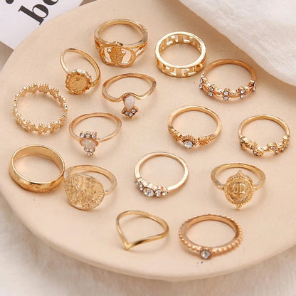 15Pcs Vintage Rings Set For Women Fashion Cross Floral Palm Pattern Crystal Geometric Rings Trendy Finger Jewelry Gifts New