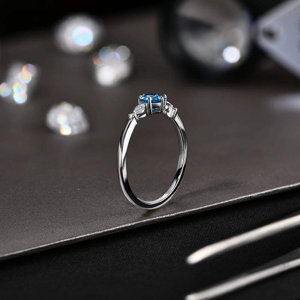 MINTYBOX Round Cut 5mm Blue Moissanite Rings for Women 100% 925 Sterling Silver Elegant Engagement Promise Ring Handmade Jewelry