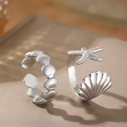 MHS.SUN Ocean Style Stainless Steel Starfish Shell Rings For Women Men Vintage Gold Plated Open Ring Summer Beach Jewelry